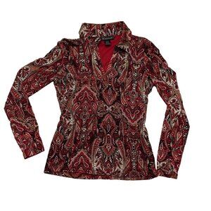 INC International Concepts Paisley Collared Long Sleeve Fitted Top size medium